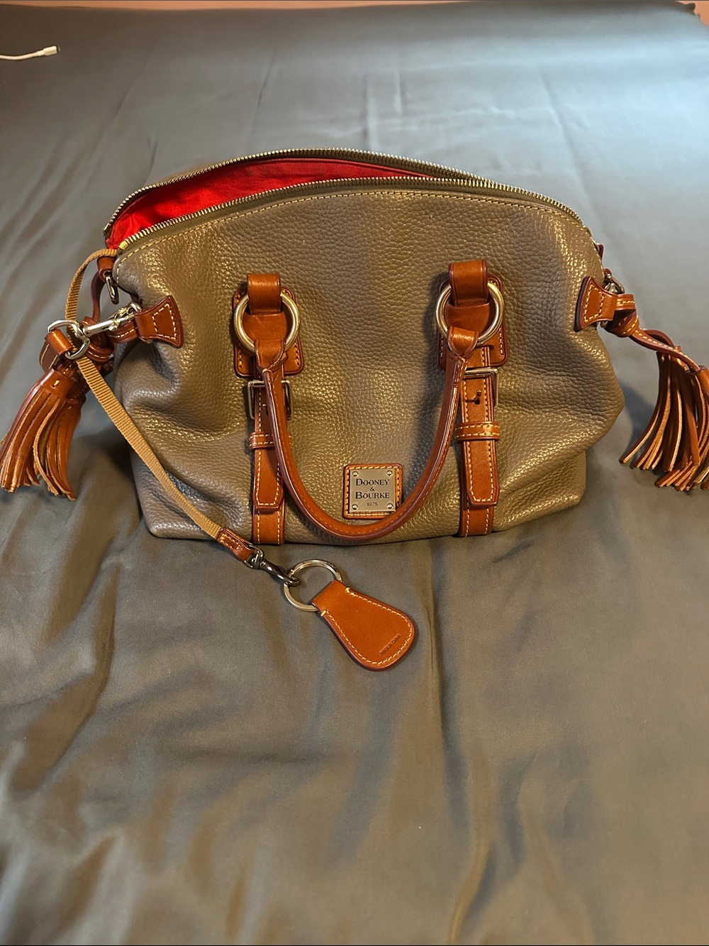 Dooney & Bourke Gray Pebbled Leather Satchel with Brown Trim and Red Lining